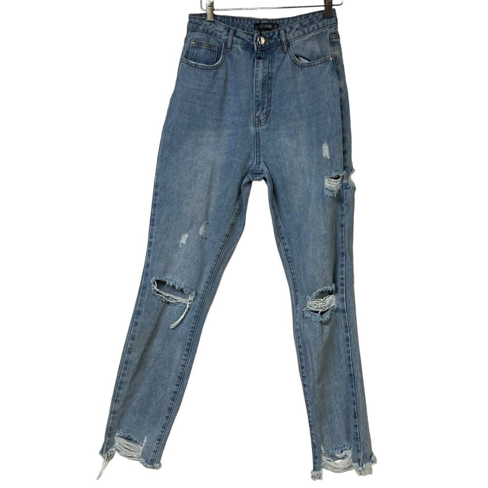 Missguided Light Wash Distressed Straight Leg Jeans Size 6R High Rise Frayed Hem